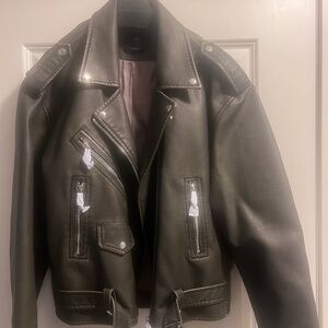 Mango Grey Distressed Faux Leather Biker Jacket XL